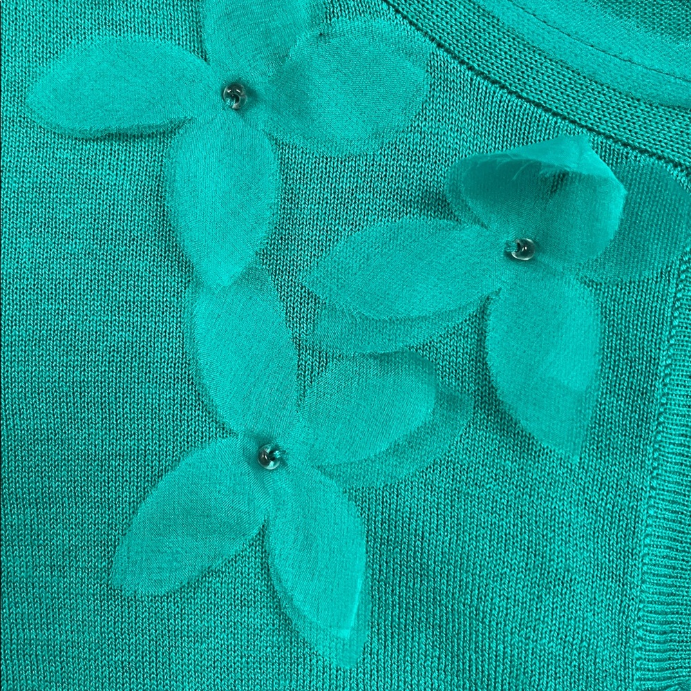 Suzi Chin Teal Silk Blend Cardigan Floral Detail Lightweight Size S - Picture 3 of 6